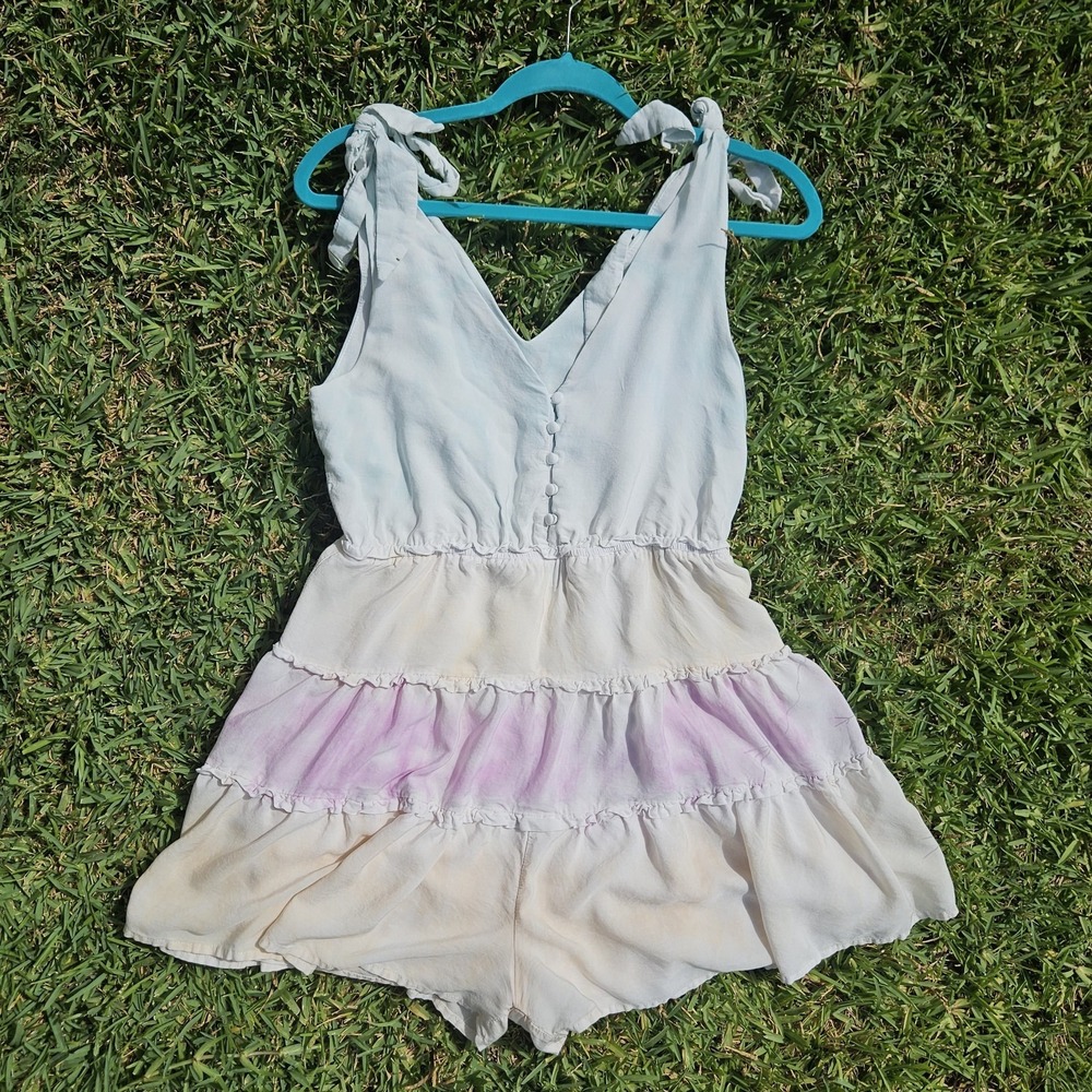 Storia Tie Dye Tiered Sleeveless Romper Sz L Blue Pink Yellow